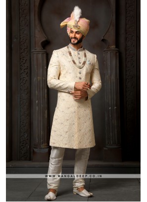 Classy Cream Embroidered Art Silk Wedding Wear Indo Western Sherwani