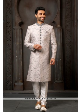 Classy Grey Embroidered Art Silk Wedding Wear Indo