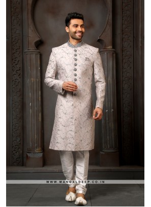 Classy Grey Embroidered Art Silk Wedding Wear Indo Western Sherwani