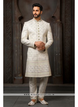 Classy Cream Embroidered Art Silk Wedding Wear Indo Western Sherwani