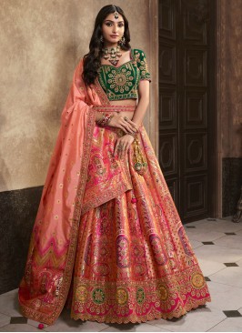 Pink Embroidered Banarasi Silk A Line Lehenga Chol