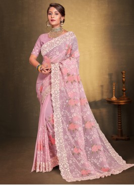 Pink Embroidered Contemporary Saree