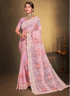 Pink Embroidered Contemporary Saree