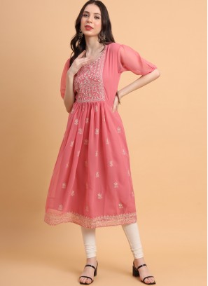 Pink Embroidered Festival Designer Kurti