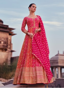 Pink Embroidered Georgette Readymade Floor Length 