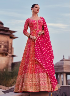 Pink Embroidered Georgette Readymade Floor Length Gown 