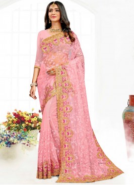 Pink Embroidered Net Classic Designer Saree