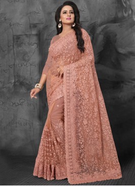 Pink Embroidered Net Classic Saree