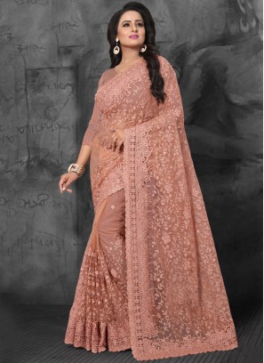 Pink Embroidered Net Classic Saree