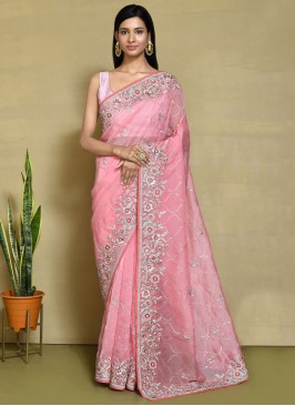 Pink Embroidered Party Contemporary Style Saree