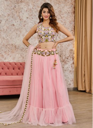 Pink Faux Crepe Sangeet Readymade Lehenga Choli