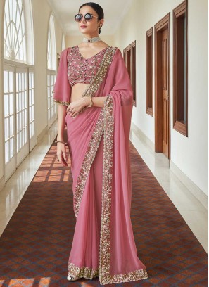 Pink Festival Faux Georgette Classic Designer Saree