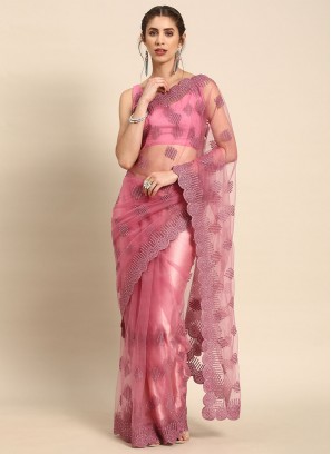 Pink Festival Net Contemporary Style Saree