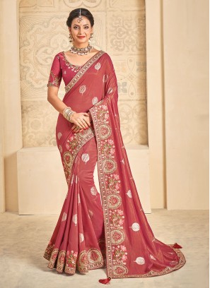 Pink Floral Patterns Khadi Silk Trendy Saree