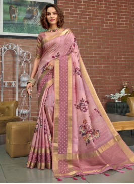 Pink Floral Print Silk Classic Saree