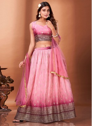Pink Foil Print Chinon Readymade Lehenga Choli