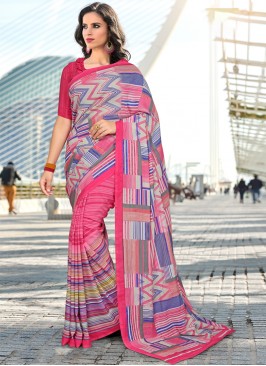 Pink Georgette Printed Designer Casual Wear Saree