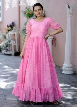 Pink Georgette Printed Readymade Gown