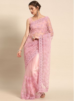 Pink Mehndi Net Contemporary Saree