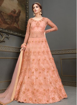 Pink Mehndi Net Floor Length Anarkali Suit