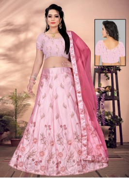 Pink Mehndi Satin Silk A Line Lehenga Choli