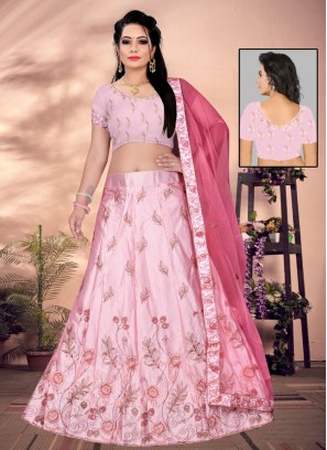 Pink Mehndi Satin Silk A Line Lehenga Choli