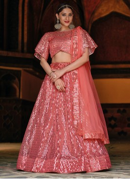 Pink Net Embroidered A Line Lehenga Choli