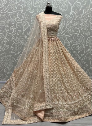 Pink Net Embroidered A Line Lehenga Choli