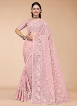 Pink Net Embroidered Classic Saree