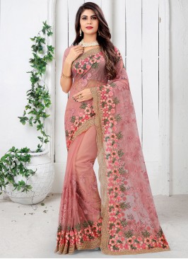 Pink Net Embroidered Designer Saree