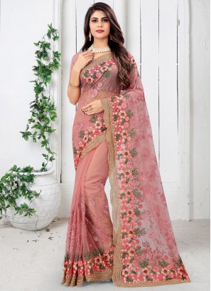 Pink Net Embroidered Designer Saree