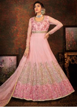 Pink Net Resham Floor Length Designer Suit