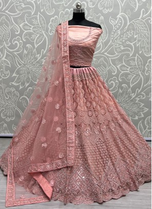 Pink Net Wedding Designer A Line Lehenga Choli