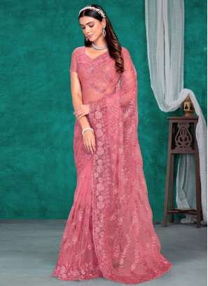 Pink Party Net Contemporary Style Saree
