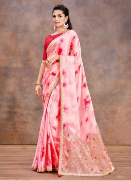 Pink Printed Satin Silk Classic Saree