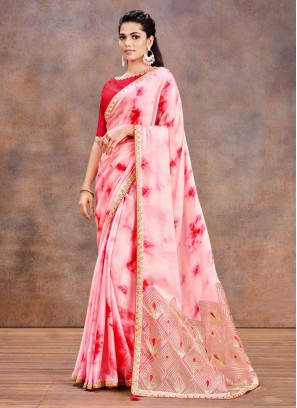 Pink Printed Satin Silk Classic Saree