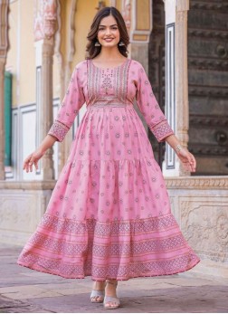 Pink Rayon Digital Print Designer Gown