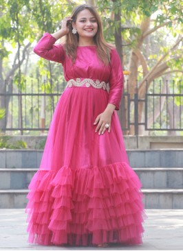 Pink Satin Embroidered Layered Gown