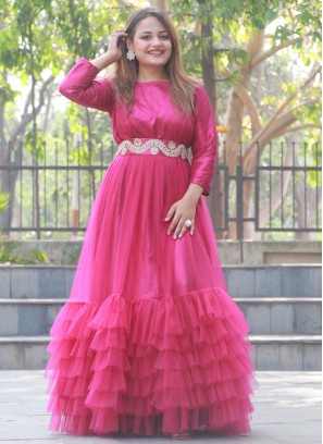 Pink Satin Embroidered Layered Gown