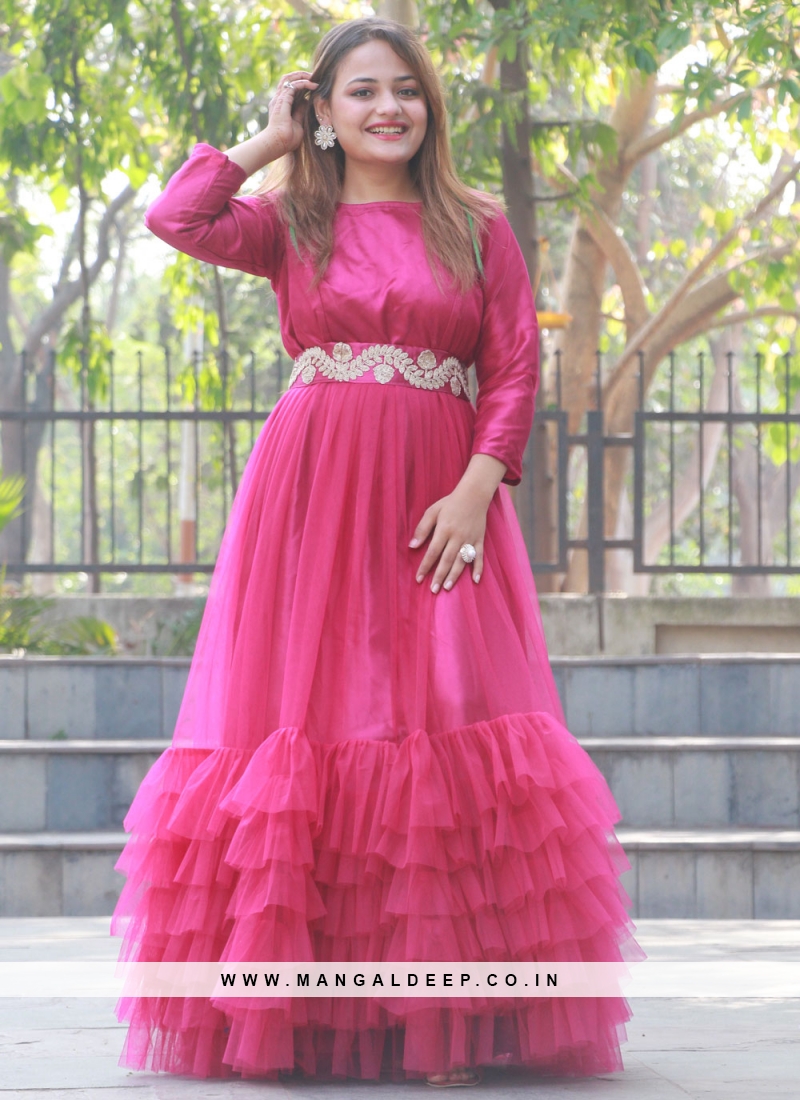 Pink Satin Embroidered Layered Gown