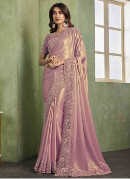 Pink Satin Sequins Contemporary Style Saree