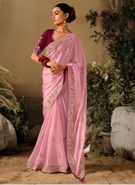 Pink Silk Embroidered Classic Saree