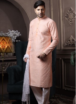 Pista Silk Kurta Pajama with Off-White ArtSilk Trouser.