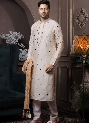 Light Phone Silk Kurta Pajama with Off-White PolySilk Trouser.