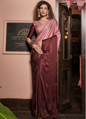 Pink Swarovski Georgette Satin Trendy Saree