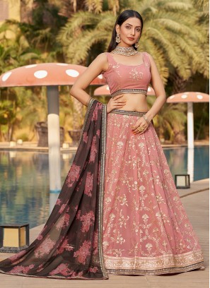 Pink Thread Work A Line Lehenga Choli