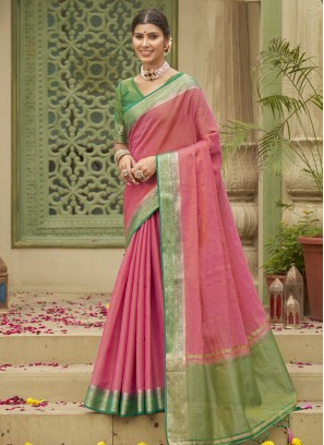 Pink Tussar Silk Weaving Contemporary Saree