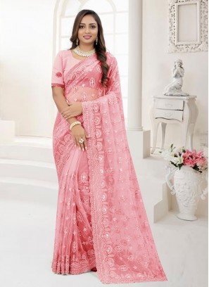 Pink Wedding Net Contemporary Saree