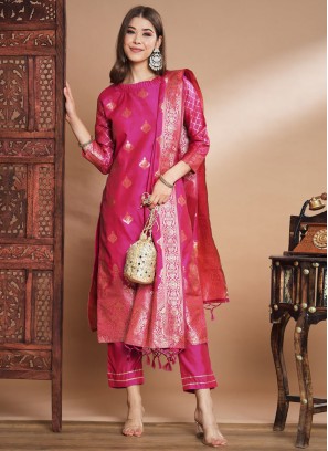 Pink Woven Cotton Silk Pant Style Suit