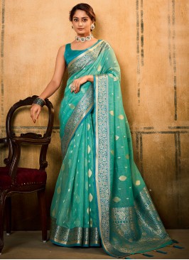 Piquant Banarasi Silk Aqua Blue Weaving Classic Saree